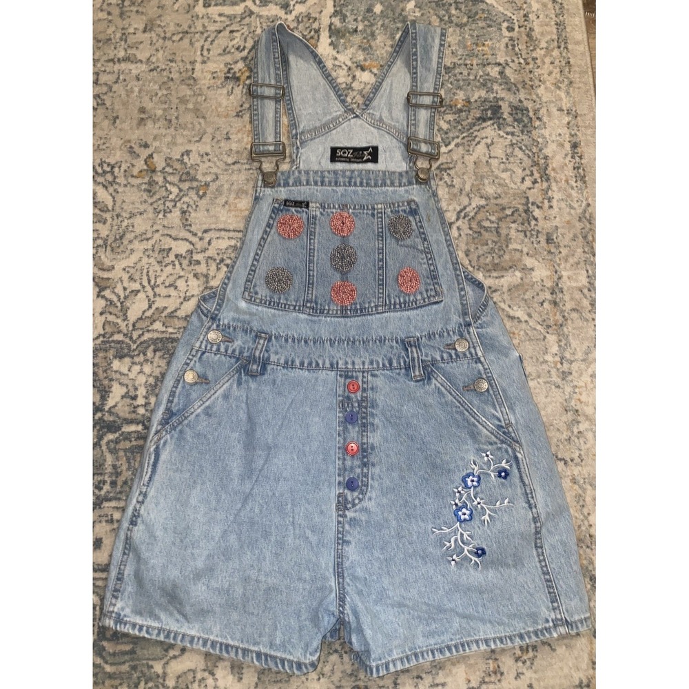 VTG ‎ SQZ Jeans Handmade Cottagecore Overalls Shorts SZ Med - Checkered Flowers
